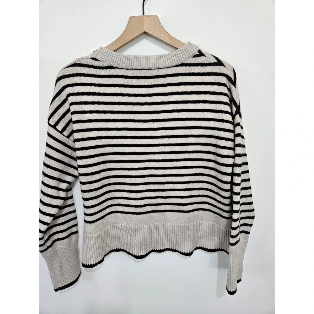 Magaschoni Womens Striped Knit Sweater Gold Shoulder Buttons‎ Beige Black L/G